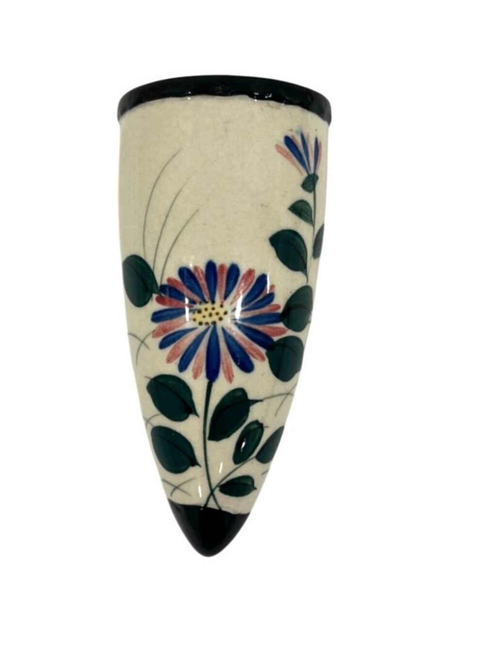 Vintage Hand-Painted Ceramic Wall Pocket Vase Floral Design 6" H White & Green